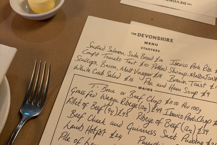 The Devonshire hand written menu